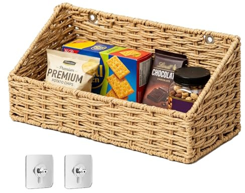 Woven Wall Basket Decorative Hanging Storage Baskets, No-Drill Self-Adhesive Wall Mounted Storage Shelf for Bathroom, Entryway, Kitchen Cupboard Organiser for Fruits, Breads, Snacks