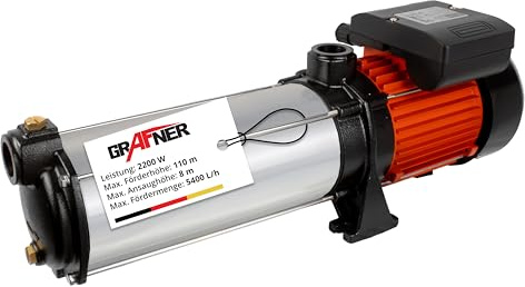 Grafner Premium Kreiselpumpe 10 Stufen, 5400 l/h 2200 Watt, 11 bar, Förderhöhe 110m, Ansaughöhe 8m, selbstansaugende Wasserpumpe, Edelstahl Gartenpumpe Hauswasserwerk Brunnenpumpe mehrstutig