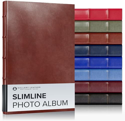 Gallery Leather Slimline Photo Album for 4x6 Pictures with Slip-In Pockets and Writing Space Holds 120 Photos Premium Bonded Leather 3-Ring Binder, Handcrafted Made in USA, Acadia Tan - 11.75 x 8