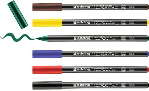 edding 4200 Porcelain Brush Pen - 6 Pens - Brush Tip 1-4 mm - Felt-Tip Pen for Painting and Decorating Ceramics, Porcelain - Dishwasher-safe, quick-drying
