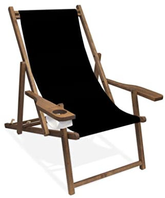 Holz-Liegestuhl mit Armlehne und Getränkehalter, Klappbar, mit dunkelbrauner Lasur, Wechselbezug (Schwarz)