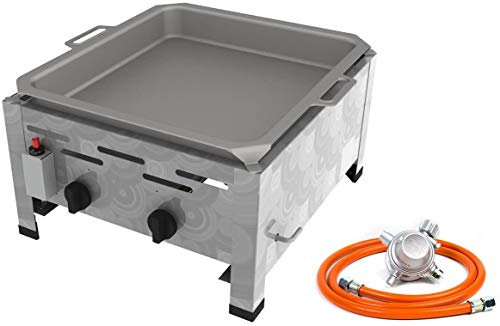 Gastro Edelstahl Gasbräter 2 flammig 9,0 KW mit Stahlpfanne f. Propangas + Gasschlauch Gewerberegler + SBS (Kocher, Gasgrill Gastrokocher, Gasherd, Bräter, Grill)