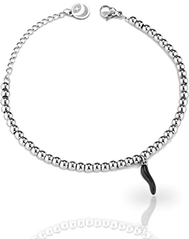inSCINTILLE Corni Bracciale Donna Acciaio Inossidabile con Corno Peperoncino Portafortuna, Braccialetto Uomo Sfere in Acciaio Inossidabile (Nero, Acciaio)