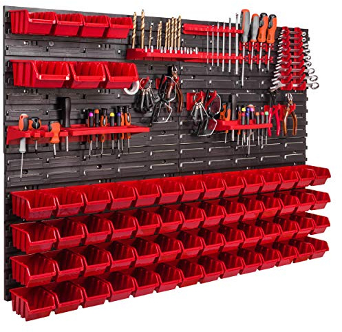 Verkstadshylla vägghylla 1152 x 780 mm stapellådor röd svart verktygshållare siktförvaringslåda hyllsystem skaklåda (63 lådor röd)