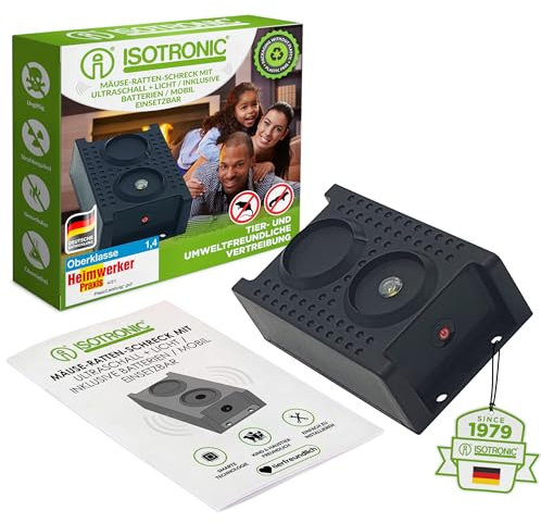 ISOTRONIC Repellente per martora con luce flash a LED | Deterrente a ultrasuoni per scacciare martore, faine, topi e ratti | Protezione contro martore | Ideale per gli interni, casa, garage e soffitto