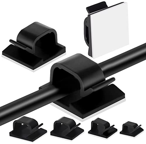 Adhesive Cable Management Clips, 60pcs Adhesive Clips, Plastic Cable Organisers Sticky Wire Clips Wire Cord Holder, 4 Sizes (BLACK)
