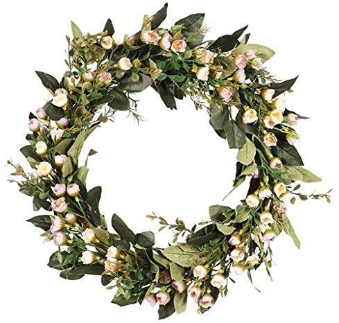 FLAMEER Spring Wreaths, 16 Artificial Door Wreath with Eucalyptus Leaves & Little Flowers for Front Door Farmhouse Wreath Greenery Wall Indoor Outdoor Décor - Light Color
