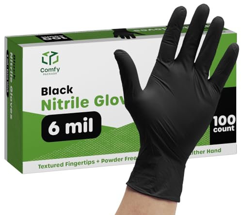 Comfy Package [100 Pezzi Guanti in Nitrile Neri Monouso, Senza Lattice, 6 Mil di Extra Resistenza, Senza Polvere, Resistenti ai Prodotti Chimici, Punta Testurizzata - Taglia XL