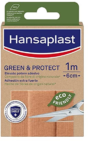 Hansaplast Cerotti GREEN & PROTECT, Cerotti impermeabili e sostenibili, Realizzati con resistenti fibre di origine naturale*, 1 Confezione in striscia da 1m x 6cm