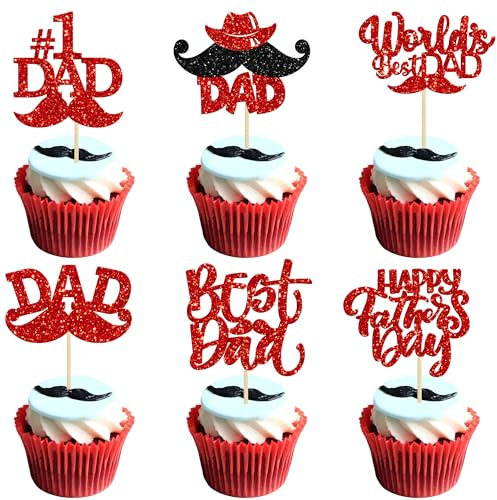 24 Pack Happy Father's Day Cupcake Toppers with Moustache Red Glitter World's Best Dad Cake Toppers No 1 Dad Cupcake Picks for Happy Father's Day Theme Party Cake Decorations Supplies