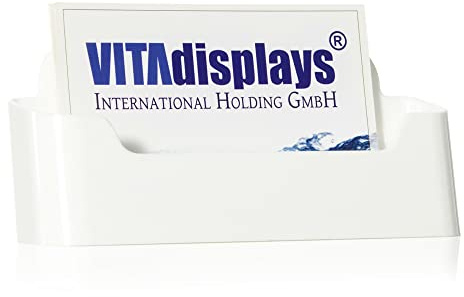VITAdisplays 10 Stk. DIN A7 Tisch-Visitenkartenhalter im Querformat, standfester Visitenkartenspender, Visitenkartenständer in weiß, Visitenkartenaufsteller für A7 Flyer und Visitenkarten