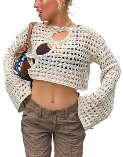 ZZLBUF Dam urholkad virkad stickad tröja magtröja långärmad tröja beskuren jumper täcka pullover toppar Y2K streetwear, 01-beige, M