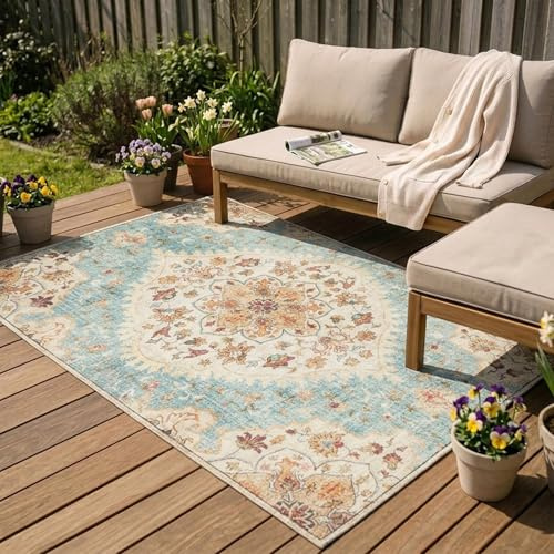 Vintage Gartenteppich - Santo Mandala Hellblau - 120x170 cm | Wetterfest - Synthetik, Polyester - Balkon, Garten / Terrasse - Terrasse teppich - Outdoor rug