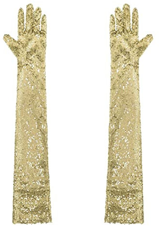 TiaoBug Damen Glänzend Pailletten Handschuhe Vollfinger Festlich Lange Abendhandschuhe Braut Armstulpen Party Hochzeit Fäustlinge Gold Einheitsgröße