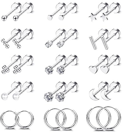 FIOROYAL 15 Paar Ohrstecker Set Kreolen Creolen Ohrringe für Damen 14K Vergoldeter Flat Piercing Ohr Zirkonia Ball Helix Piercings Medizinische Ohrstecker Silber für Mädchen