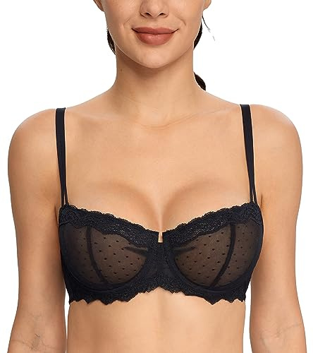 HACI Women's Lace Mesh Balconette Bra Sheer Demi Scoop Neck Plus Size Sexy Full Coverage Unlined Underwire(Black,38B)
