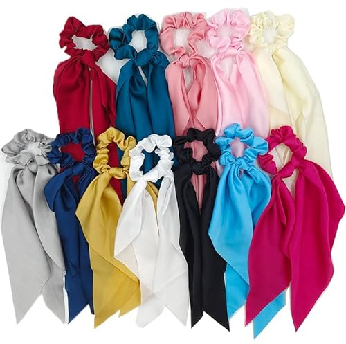 Haargummis Seide Scrunchies Satin für Damen,12 Stück/Farben Lange Krawatte Haarbänder, Haargummi Weich Elastisch Silk Skrunschis Groß Bobbles Ponytail Accessories, weicher als Seide, gegen Haarbruch