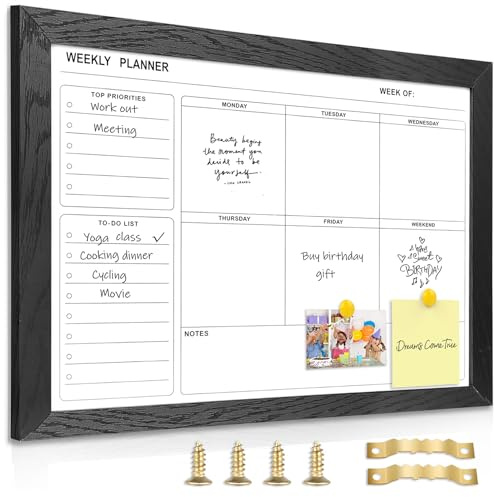 Marribol White Board Weekly Calendar Dry Erase Planner for Wall-16X12,Black Solid Wood Frame,Minimal/Modern Design, Magnetic Whiteboard Planner for to Do List, Memo, School, Home, Office, Kitchen
