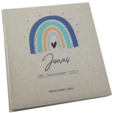 Tenii® Fotoalbum personalisiert Baby, Kind Regenbogen blau/mint Leinen, Erinnerungsalbum (25x25cm - 60 Seiten)