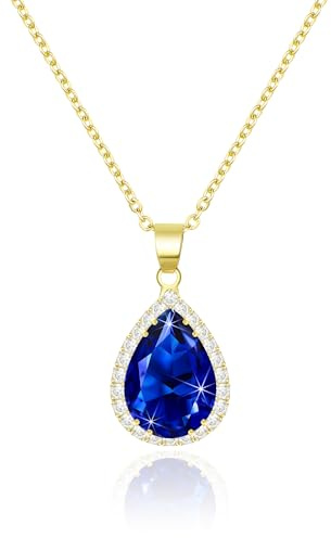 Linawe Sapphire Crystal Navy Blue Imitation Diamond Pendant Necklace for Women Trendy, Dainty Moonstone Moissanite Boho Wedding Bride Preppy Jewellery Set 14K Gold