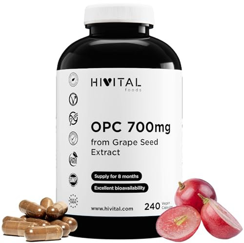 OPC Estratto di Semi d'UVA 700 mg. 240 capsule vegane per 8 mesi di trattamento. Estratto di Semi d'UVA 99% OPC. Prodotto in Europa da HIVITAL