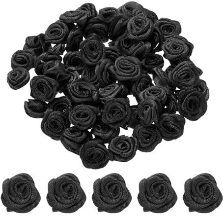 QUARKZMAN 100pz 1,5cm Mini Rose di Nastro in Raso Fiori Artificiali Stoffa Nastro Raso per Accessori Fai Da Te Cucito Confezione Regalo Decorazione Matrimonio, Nero