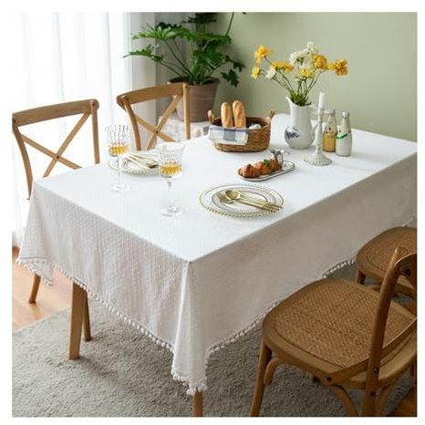Epinki Tischdecken, Weiß Tischtuch Streifen mit Quaste Baumwolle, Tischtuch für Biertisch Garten Zimmer Tischdekoration für Wohnzimmer, Esszimmer, Balkon, Garten, 140x220CM