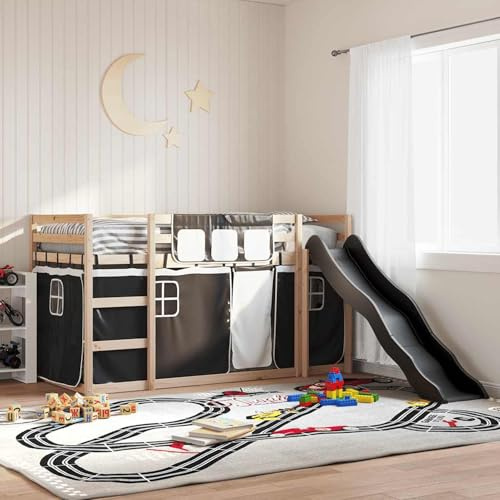 Gecheer Letto a Castello con Scivolo e Tende, Funzionale con Scaletta e Scivolo in Legno di Pino Massello 80x200 cm, Sicuro con Sponde su 4 Lati e Doghe Robuste, per Bambini dai 6 Anni