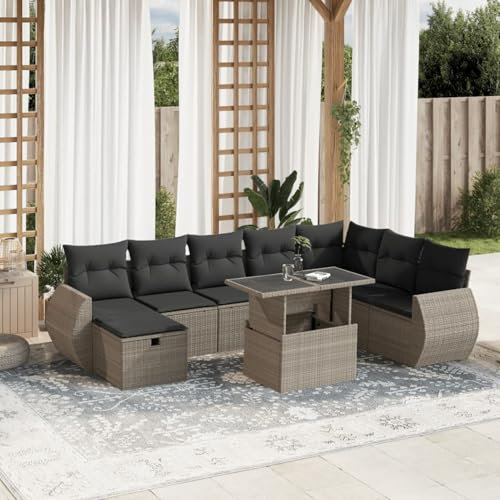 Juroupi 9-TLG. Garten-Sofagarnitur mit Kissen Gartengarnitur Lounge GartenmöBel GartenmöBel Set Lounge MöBel Outdoor Hellgrau Poly Rattan - 3275192