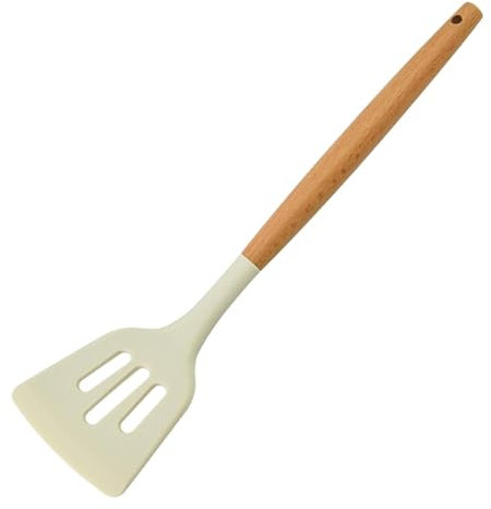 Kioriur Espátula de silicona con mango de madera – Espátula de cocina antiadherente, espátula ranurada, espátula resistente al calor | Espátula con mango de madera de estilo chino, espátula para