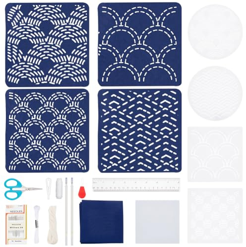 ACRNIGHEET 4 Set Sashiko Embroidery Coasters Kit Wave Theme Japanese Traditional Embroidery Sewing Kit for Beginners Starter Embroidery Coasters for Housewarming Gift with Instructions