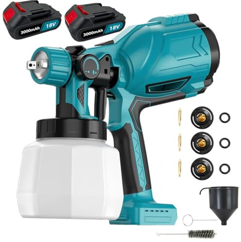 ANUPTTA Akku Farbsprühsystem, Kompatibel mit Makita 18V Akkus, Elektro Lackierpistole mit 3 Düsen,mit Abnehmbarem 1000ml-Farbeimer(2x3000mAh Akku)