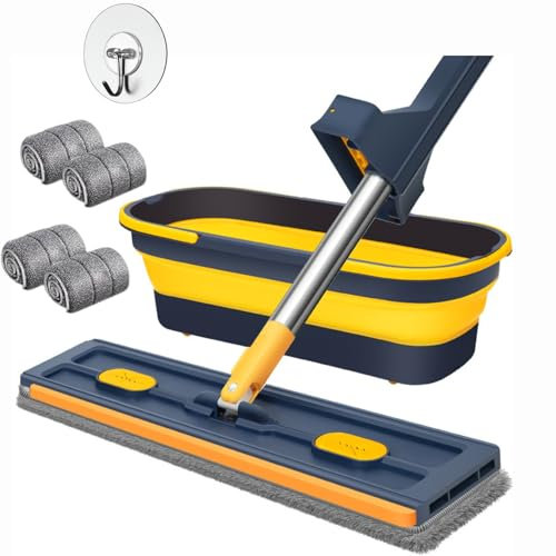 Juego de fregona con cubo y gancho. Práctica mopa para limpiar con detergente o desinfectante, ideal para azulejos y laminados (6 trapos)
