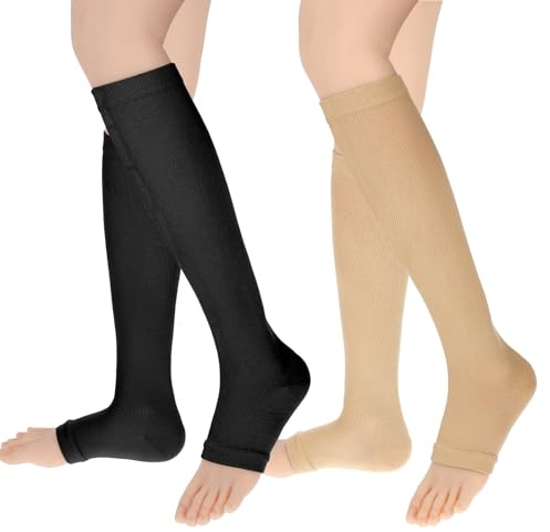 Dimeho 2 Pairs Open Toe Compression Socks, 15-20 mmHg Compression Stockings for Women and Men Knee High Length Toeless Compression Socks for Circulation Support, Medium, Beige/Black