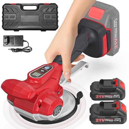 Fliesen Vibrationsgerät, Akku Fliesenrüttler mit 130 mm Saugnapf, 6-fach einstellbare Geschwindigkeit, LCD-Display, 2 Batterien, für Boden, Fliesen, Wand