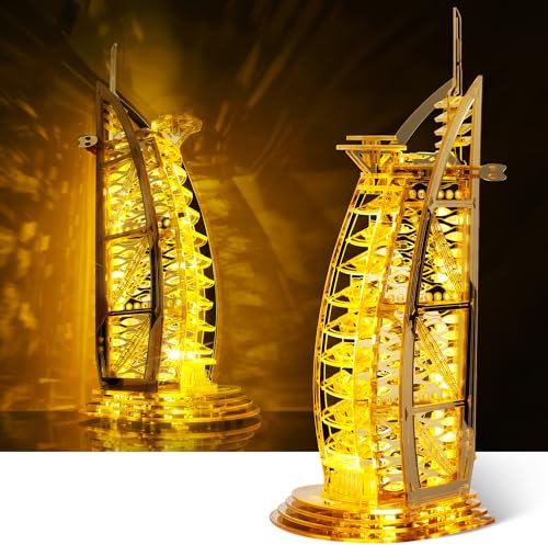 FUNPOLA LED 3D Puzzle per adulti – Kit modello di edificio di architettura puzzle 3D – Super LED Dubai Landmark di notte – Lampada di arredamento per la casa Puzzle 3D (Oro)