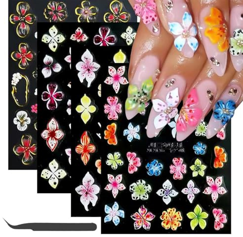 Kabwea 4 pièces d'autocollants d'art d'ongles de fleurs d'été 5D et une pince noire, autocollants d'ongle, nail sticker, stickers pour ongles