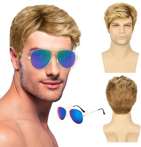 DAVBNM Men's Short Blonde Wavy Hair Wig, Daily Use Costume Wig for 80s Disco Style and 60s 70s Costume Accessories, Party, Music, Carnival