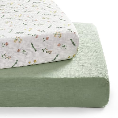 TILLYOU Musselin Spannbettlaken 2er Set Bettlaken Kinderbett 60x120 cm 100% Baumwolle Spannbettlaken Baby, Blumig
