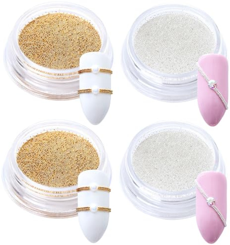 OHREN 4pcs Micro Caviar et Mini Caviar,Nail Art Or Mini Caviar Perles Perles 3D Charme Strass Décoration AccessoiresAccessoires Ongles(Argent Or 0,6/0.8mm)