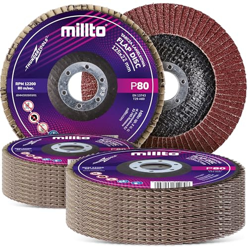 25x Millto Disco de Lija Flap 125x22,2 mm P80 T29 Láminas Lijadoras para Metal Madera Óxido Pintura Suciedad Amoladora Angular Disco Abrasivo Flap Rueda Lijado Superficies