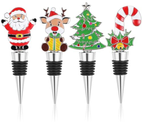 Healifty 4pcs Christmas Wine Bottle Stopper: Holiday Alloy Bottle Stopper Decoration Hostess Present - Reusable for Beverage Keeping Wine Fresh - Xmas Wedding Party Supplies