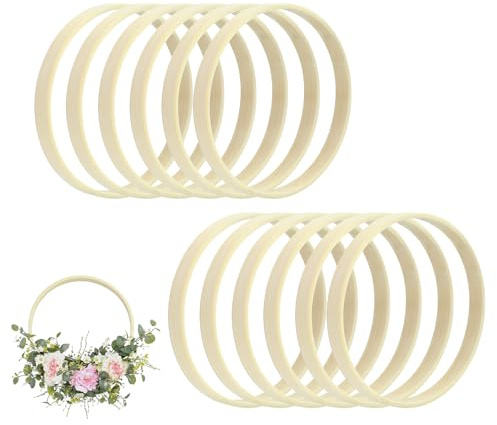 12 Stück Bambus Floral Hoop, Holzringe zum Basteln, Makramee Ringe Traumfänger Ringe Holz Hoops Set für Hochzeitskranz Dekor und Wandbehang Handwerk Blumenkranz Türkranz Fensterdeko DIY Set-10 cm ø