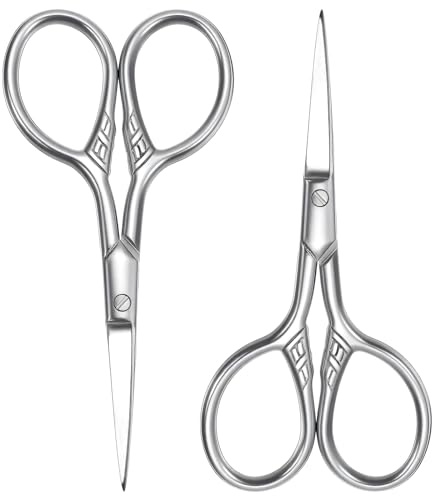 2 Pcs Facial Hair Scissors Professional Small Eyebrow Scissors Stainless Steel Precision Trimmer for Nose Ear Beard Mustache with Textured Anti-Slip Handle Mini Grooming Tool for Women Men