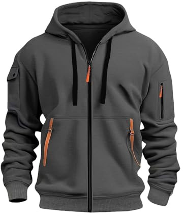 Huvtröja med huva för män med hel dragkedja, herrtröjor med dragsko, mode lös passform huvtröjor vardaglig enfärgad huvjacka termisk långärmad tröja sweatshirt med huva, Mörkgrått, XL