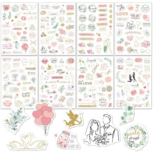 Sticker Hochzeit Gästebuch (230+ Motive), Vintage Hochzeit Aufkleber | Sticker Fotoalbum Liebe, Aufkleber Liebe Herzen für Gästebuch Fotoalbum oder Scrapbook Wedding Deko-Rosa