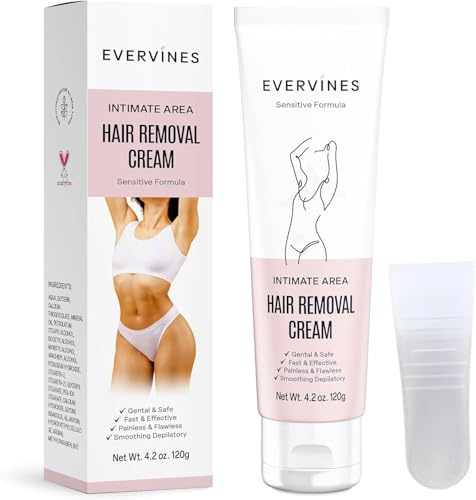 Evervines Hair Removal Cream for Women: Gentle, Fast & Painless Depilatory for Sensitive Skin – Bikini, Pubic, Legs, Arms & Underarms – With Scraper for Travel & Home Use, 4.2oz