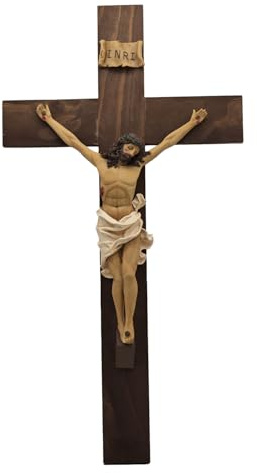 MeritMode 19 Wood Crucifix Wall Cross with Resin Jesus Figure – Catholic Crucifix for Wall, Large Wooden Jesus Cross Wall Decor, Religious Crosses for Home, Church, or Prayer Room