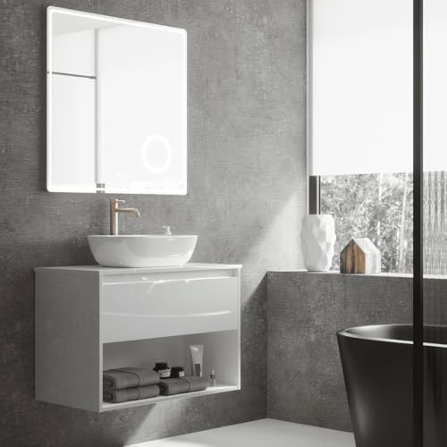 Mueble de Baño Suspendido con Lavabo Sobreponer Cerámico| Mueble Volado 1 Cajón y 1 Hueco | 80 cm Blanco Brillo