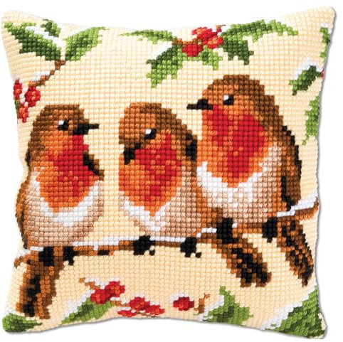 VERVACO Kreuzstich Stickpackungen Kissen Stickerei Set Anfänger Vorgedruckt 3 Rotkehlchen DIY Set Kreativ Set Für Erwachsene Dekoratives Kissen ca. 40 x 40 cm Bastelset Handwerker Haus Dekoration
